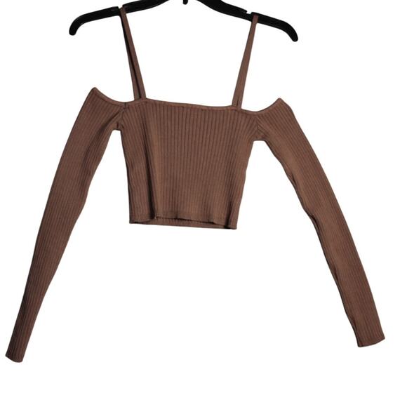 Zara New Brown Off the Shoulder Crop Top Long Sleeve Size‎ Medium - Picture 2 of 5